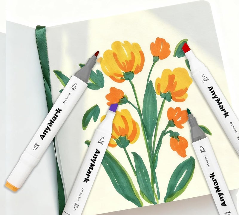 Anymark Alcohol Markers, 100 Colors Dual Tip Art Coloring Markers Set for Adult Book Drawing Sketching Painting, Chisel & Fine, White Penholder - Image 5